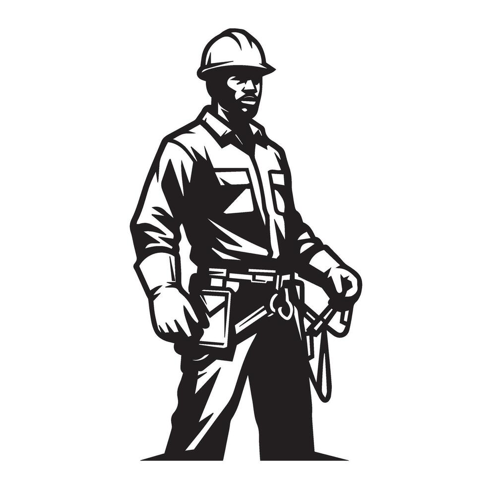 Skilled electric utility pole technician art on safety gear during power work vector