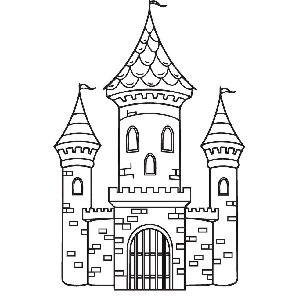 Royal Fortress Outline with Tall Spires and Gates in Storybook Castle Design vector