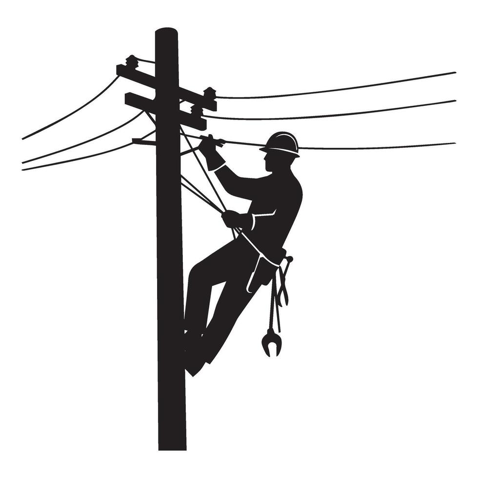 High voltage line worker silhouette operating on transmission pole at height vector