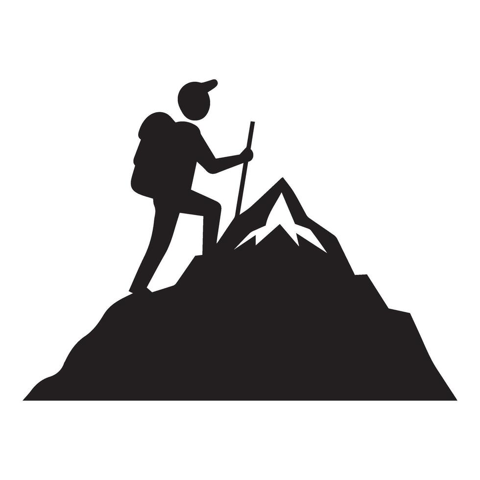 Mountain Climber Silhouette with Backpack Standing on Cliff in Wild Terrain vector