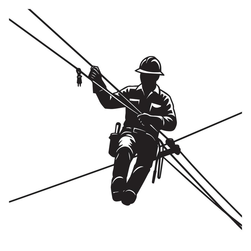 Electric utility pole technician art near substation electrical control work vector