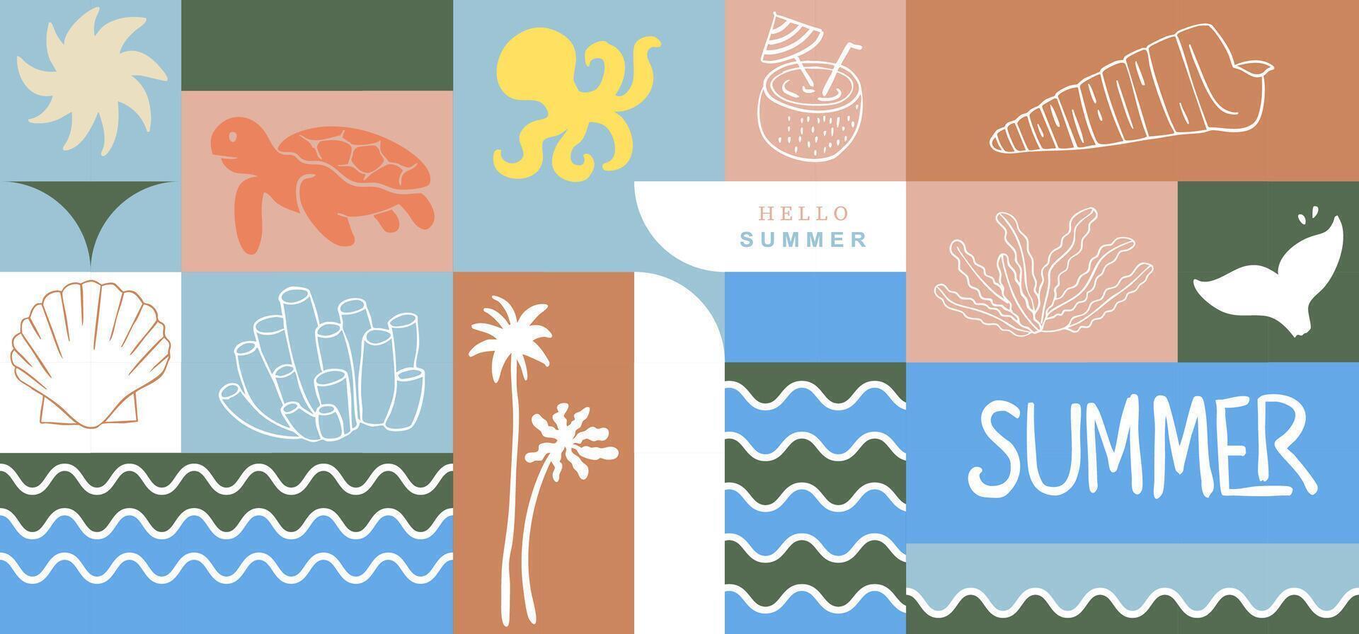 Summer geometric banner background with shell,squid,turtle,fish tail. graphic for horizontal design vector