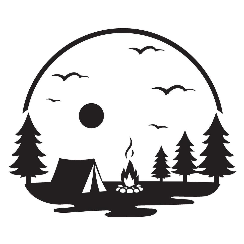 Camping Adventure Tent Illustration Showcasing Cozy Forest Getaway With Campfire vector