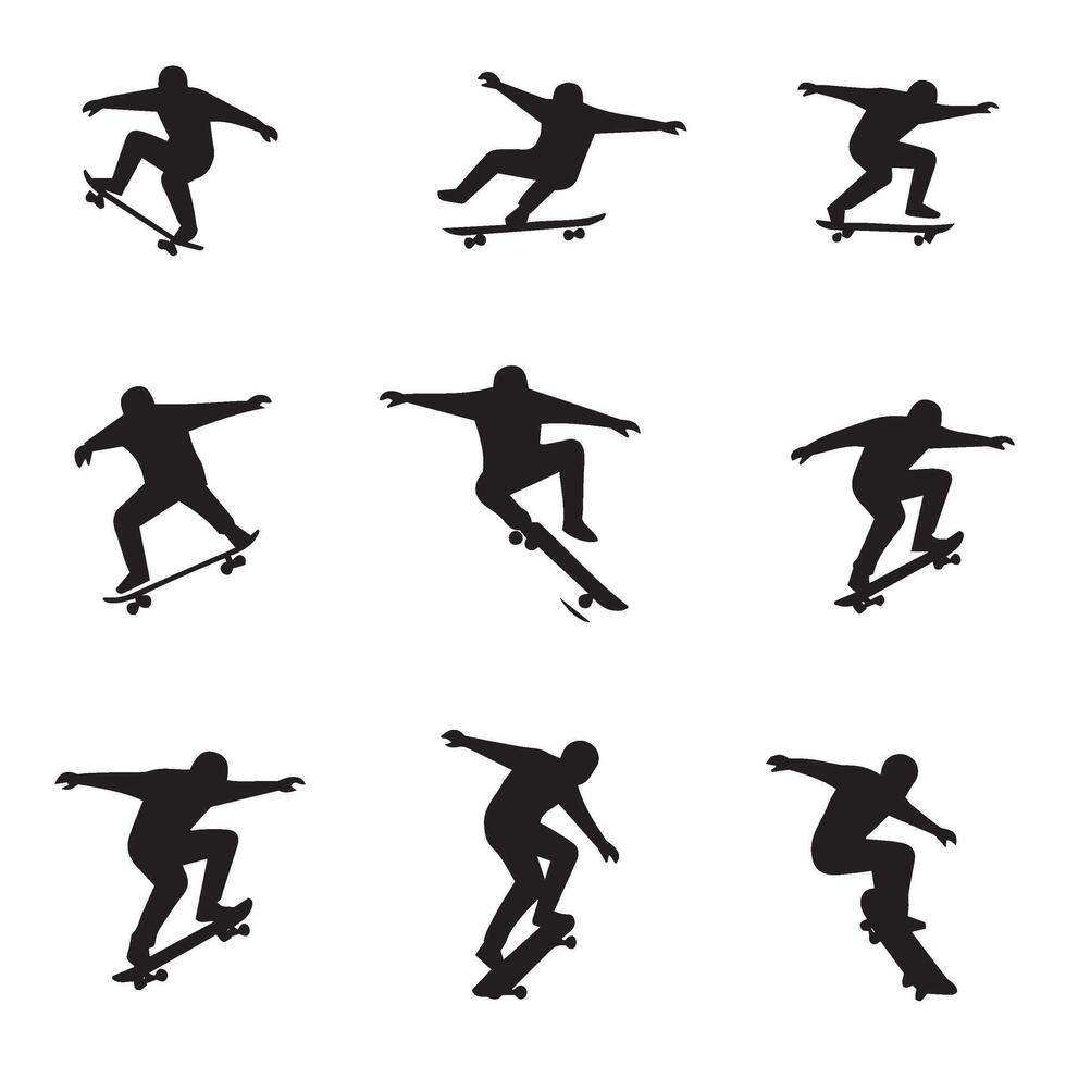 Skateboarding Silhouettes Collection Including Unique Skateboarding Tricks vector