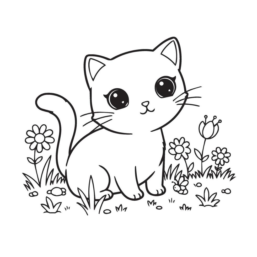 Smiling Cat Outline Art with Nature Background Perfect for Coloring Fun vector