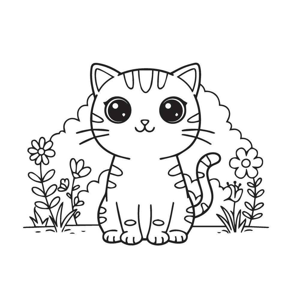 Cartoon Cat Coloring Art in Garden Scene with Flowers and Happy Expression vector