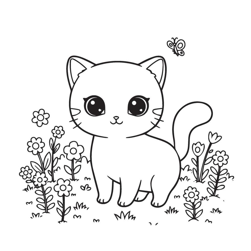 Cute Cat Line Drawing with Whiskers and Flower Field for Printable Pages vector