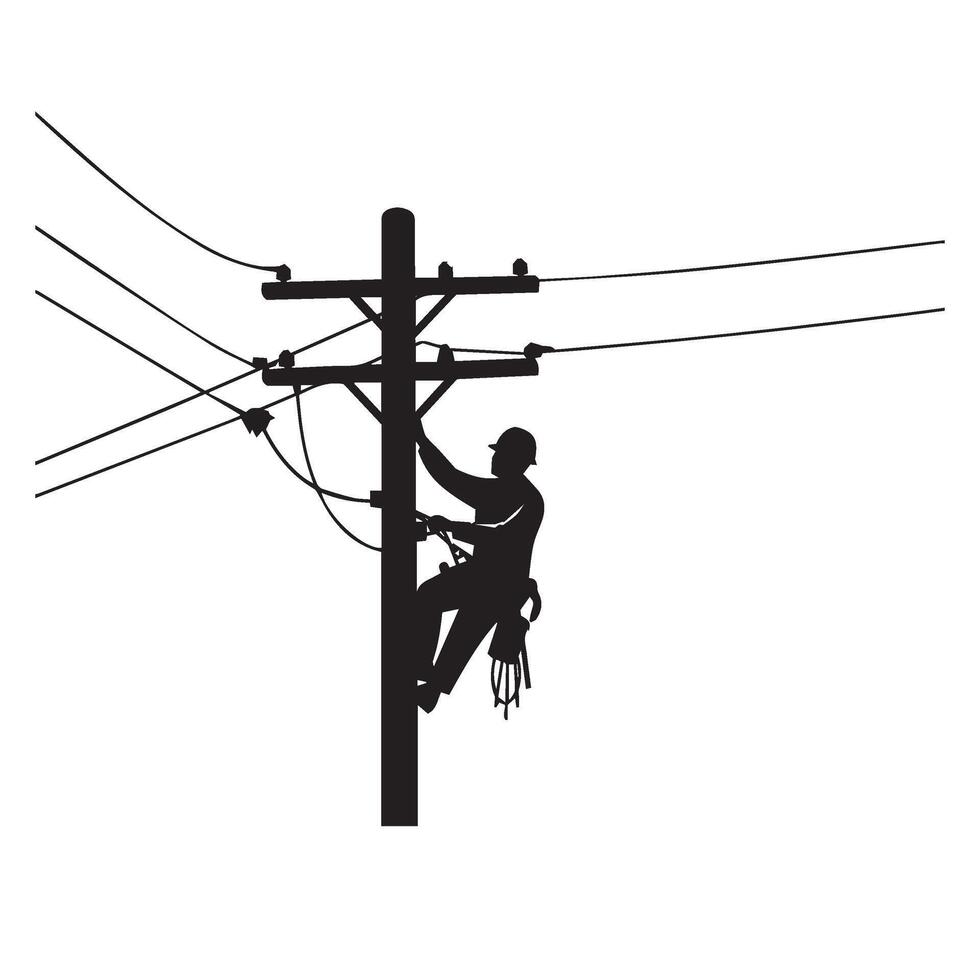 Electric utility pole technician art wearing helmet and working at heights vector