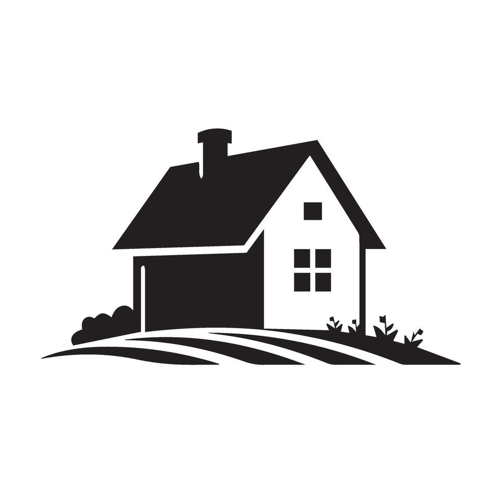 Cottage landscape house logo with curved hill and simple home elements vector