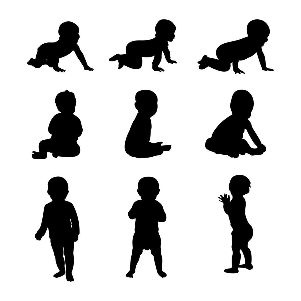 Set of baby silhouettes in various poses vector