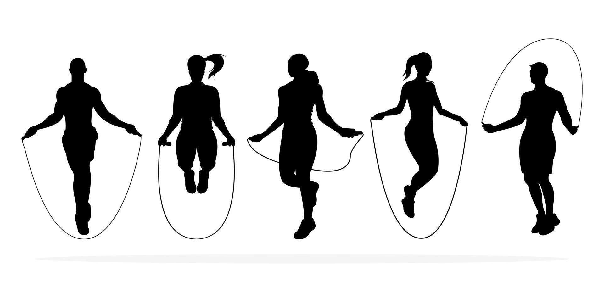 Set of silhouettes of women jumping rope for fitness design vector