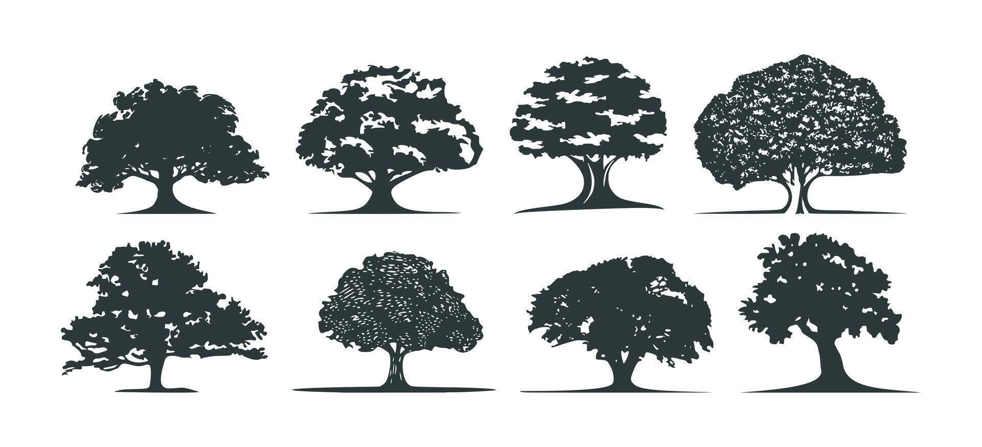 Set of detailed black oak tree silhouette icons vector