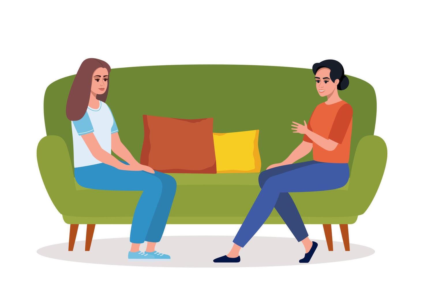 Women sit on the couch and talk about something. Conversation between girls sitting on the sofa. Female listening to her guest story-telling vector