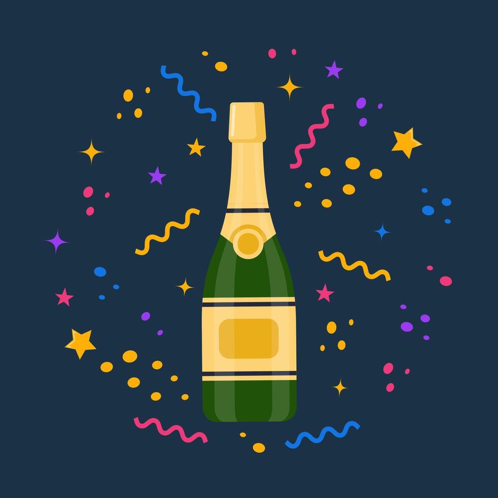 Champagnes party elements. Champagne bottle explosion, serpentine ribbons, confetti and glasses with sparkling wine. vector