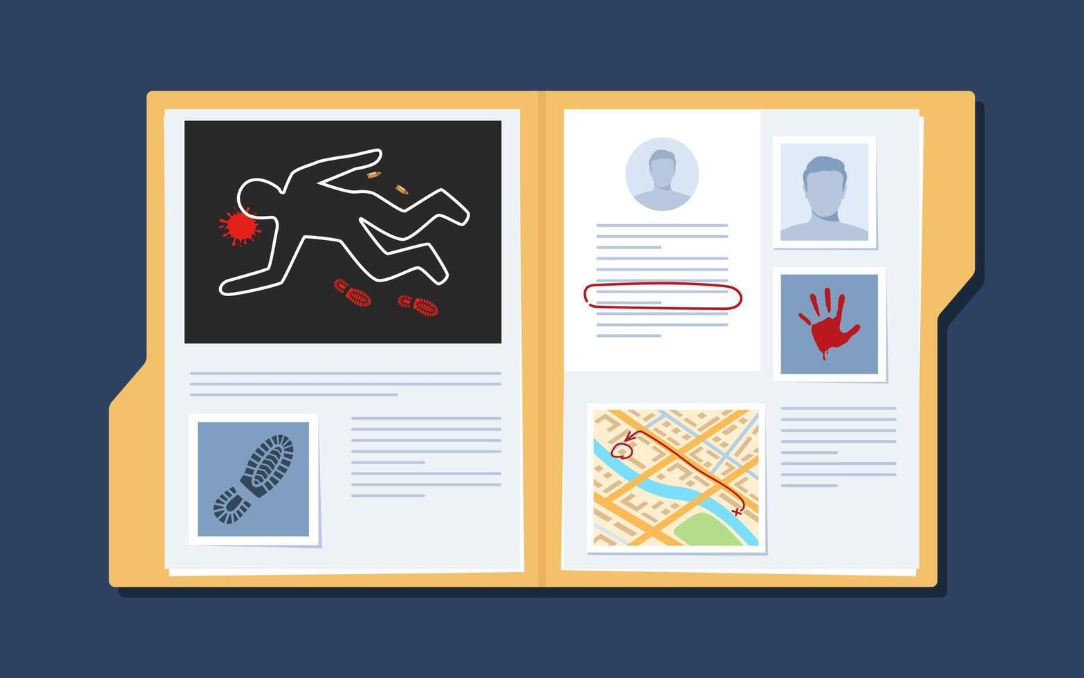 Opened crime investigation file folder. Evidence file folder. Crime scene photo, suspect silhouettes, fingerprints, other evidences. Police report, criminal case. illustration. vector