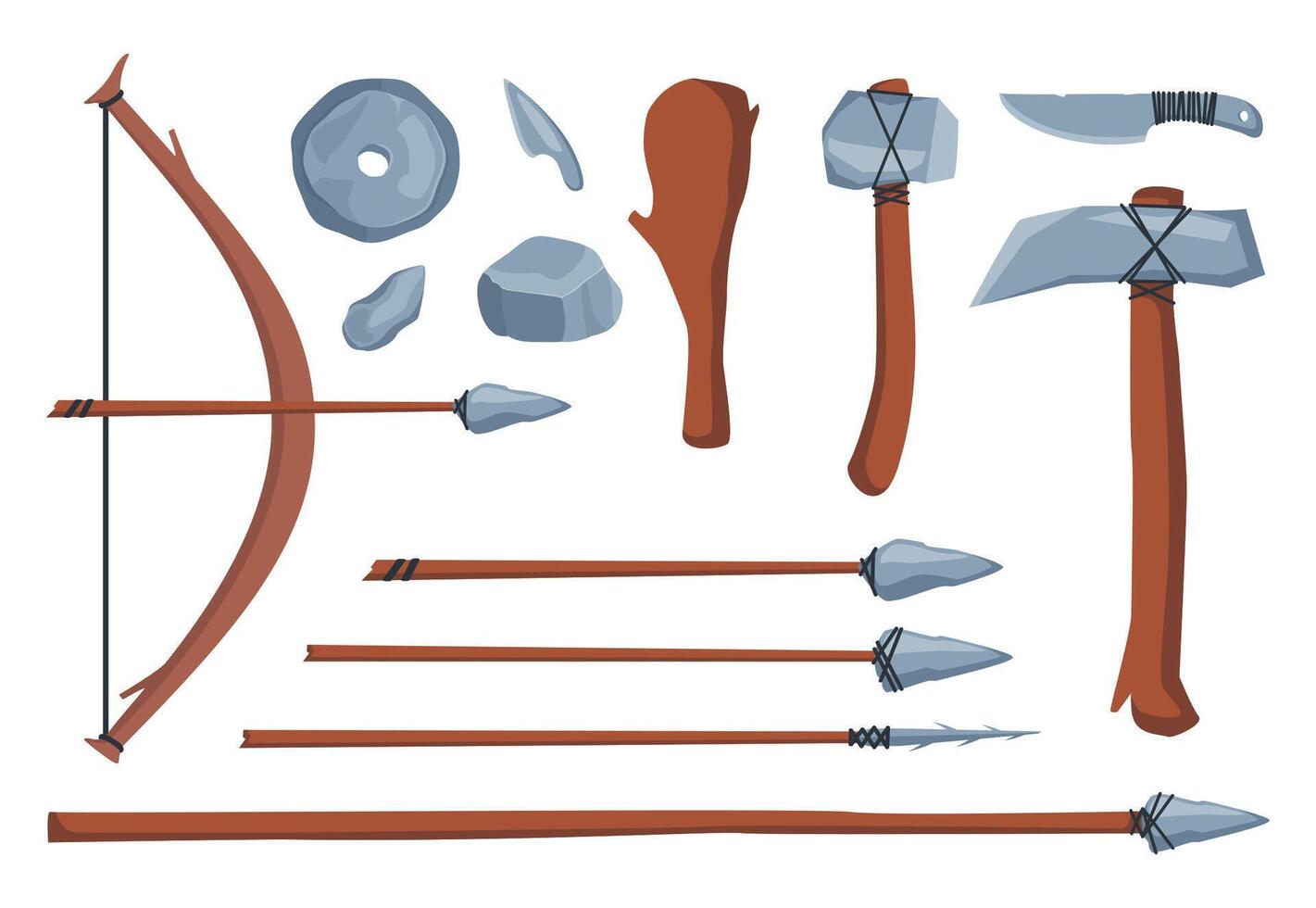 Stone age tools set, caveman civilization culture. Prehistoric ancestors primitive tools to work and hunt vector