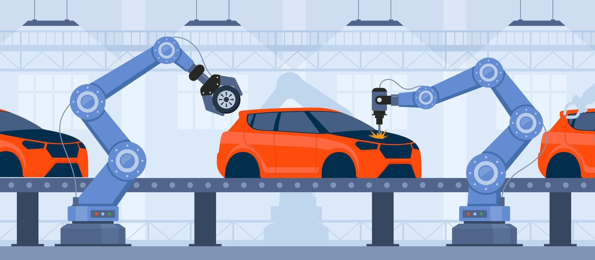 Process of automated car production. Wehicle parts on the machinery line with robotic hands. Assembly line at an automobile factory vector