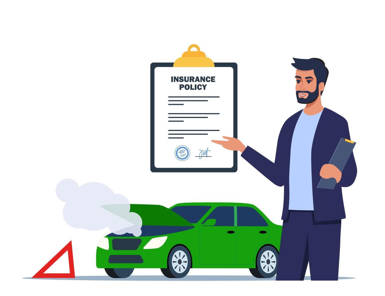 Car insurance coverage concept. Damaged vehicle, insurance police, insurance agent character. Car breakdown on the road. Automobile protection, safety. illustration. vector
