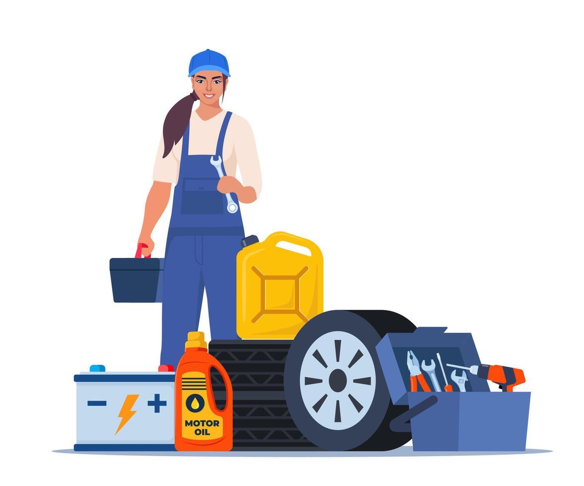 Woman mechanic with a toolbox. Girl character in uniform with wrench in her hand. Auto service accessories composition with tool kit, gasoline canister and battery. illustration. vector