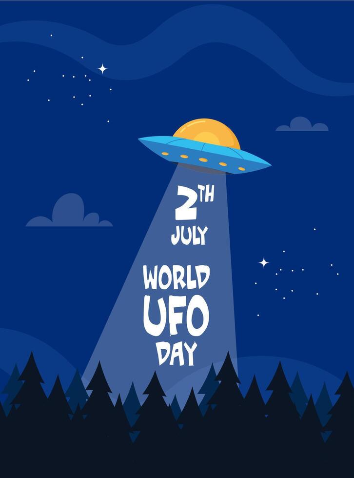 World UFO Day. Flying saucer in flat design with forest on starry night background. illustration. vector