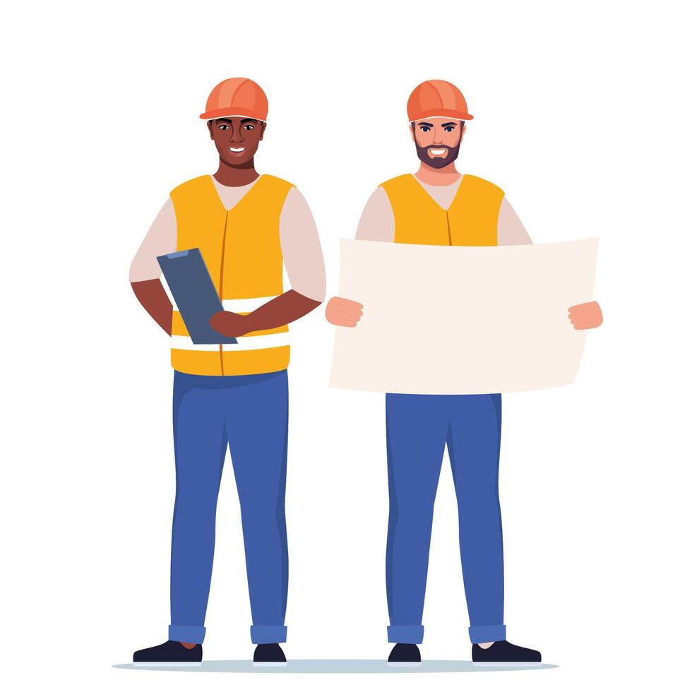 Men engineers. Construction Workers in uniform and orange protective helmets, holding clipboard with checklist. Head of construction works. illustration. vector