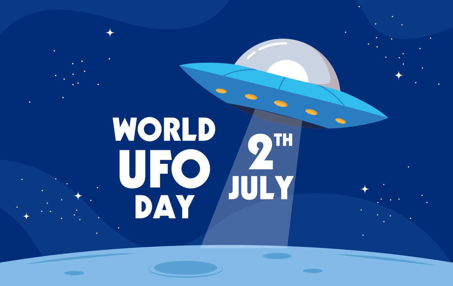 World UFO Day. Flying saucer in flat design with space on starry night vector