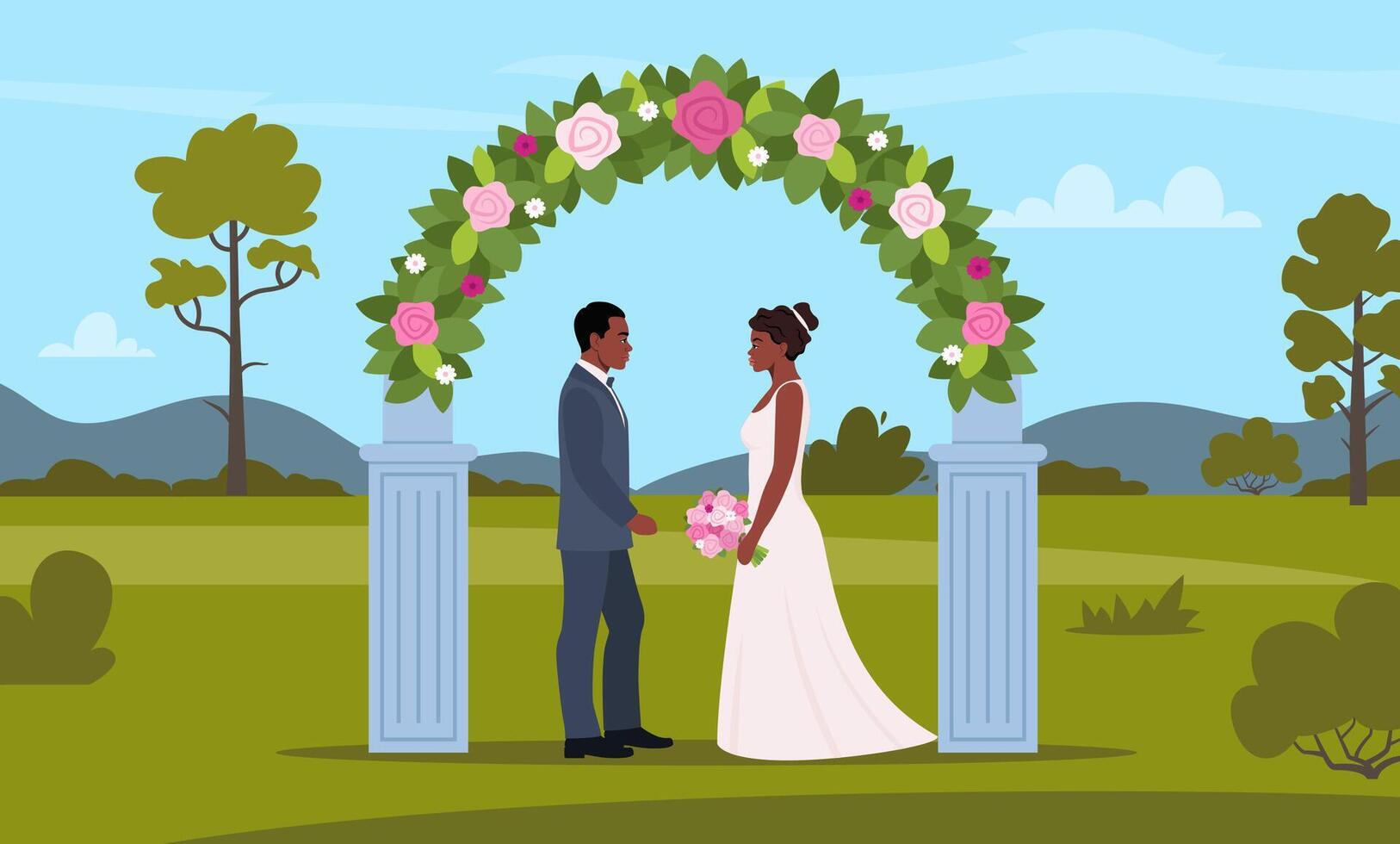 Decorated arch for wedding ceremony. Black wedding couple. Bride and groom in formal clothes on wedding day, marriage ceremony. Wedding arch. Just married couple, newlyweds. illustration. vector