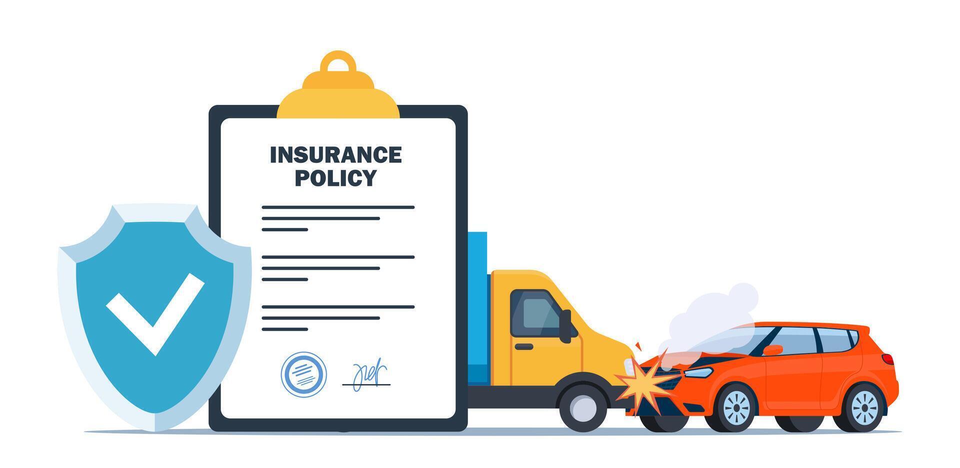 Car insurance coverage. Damaged vehicle and insurance police. Car breakdown on the road. Automobile protection, security, safety vector