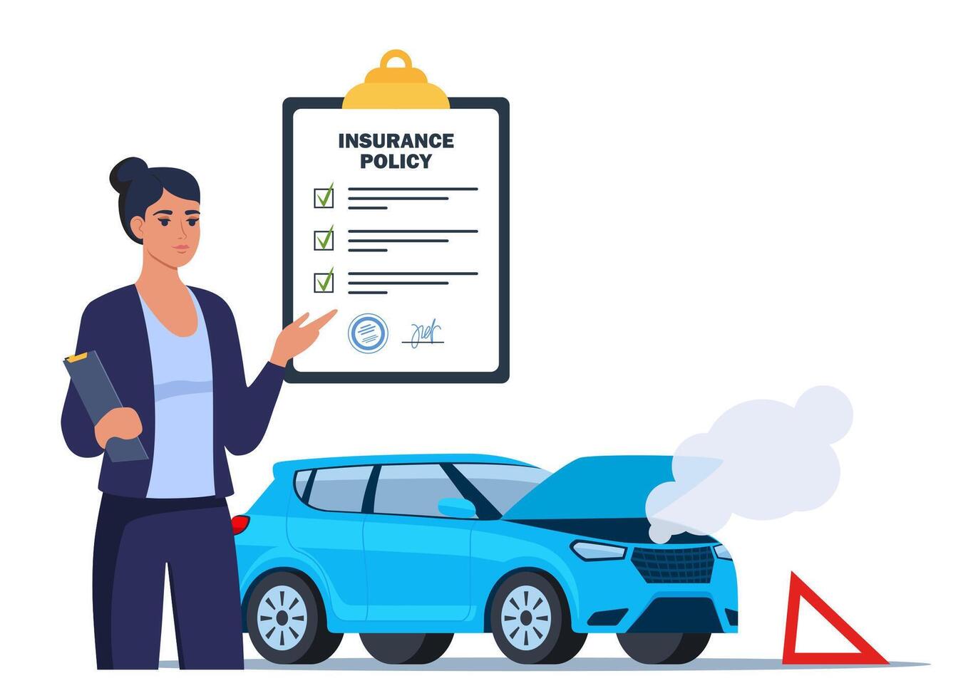 Car insurance coverage. Damaged vehicle, insurance police, insurance agent character. Car breakdown on the road. Automobile protection, security, safety. illustration. vector