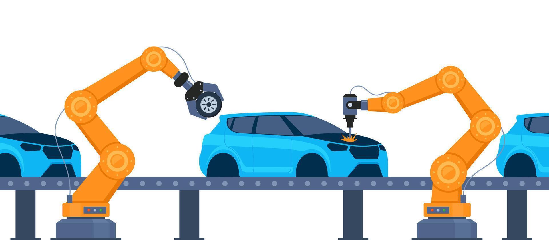 Process of automated car production. Wehicle parts on the machinery line with robotic hands. Assembly line at an automobile factory. vector