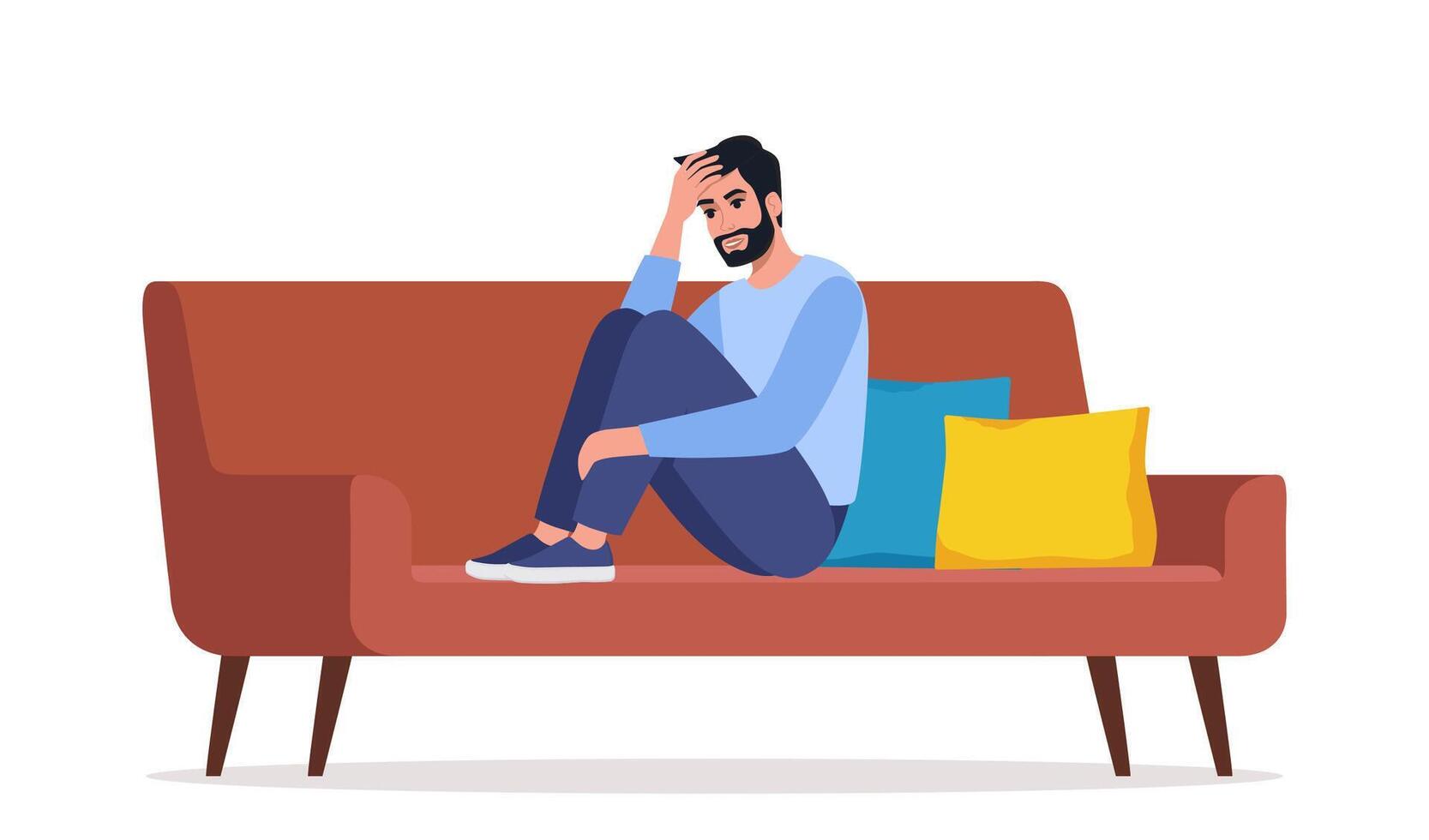 Depressed unhappy man sit on couch with tangled thoughts in head, man need psychological help. Mind health problem, mental disease. Illustration. vector