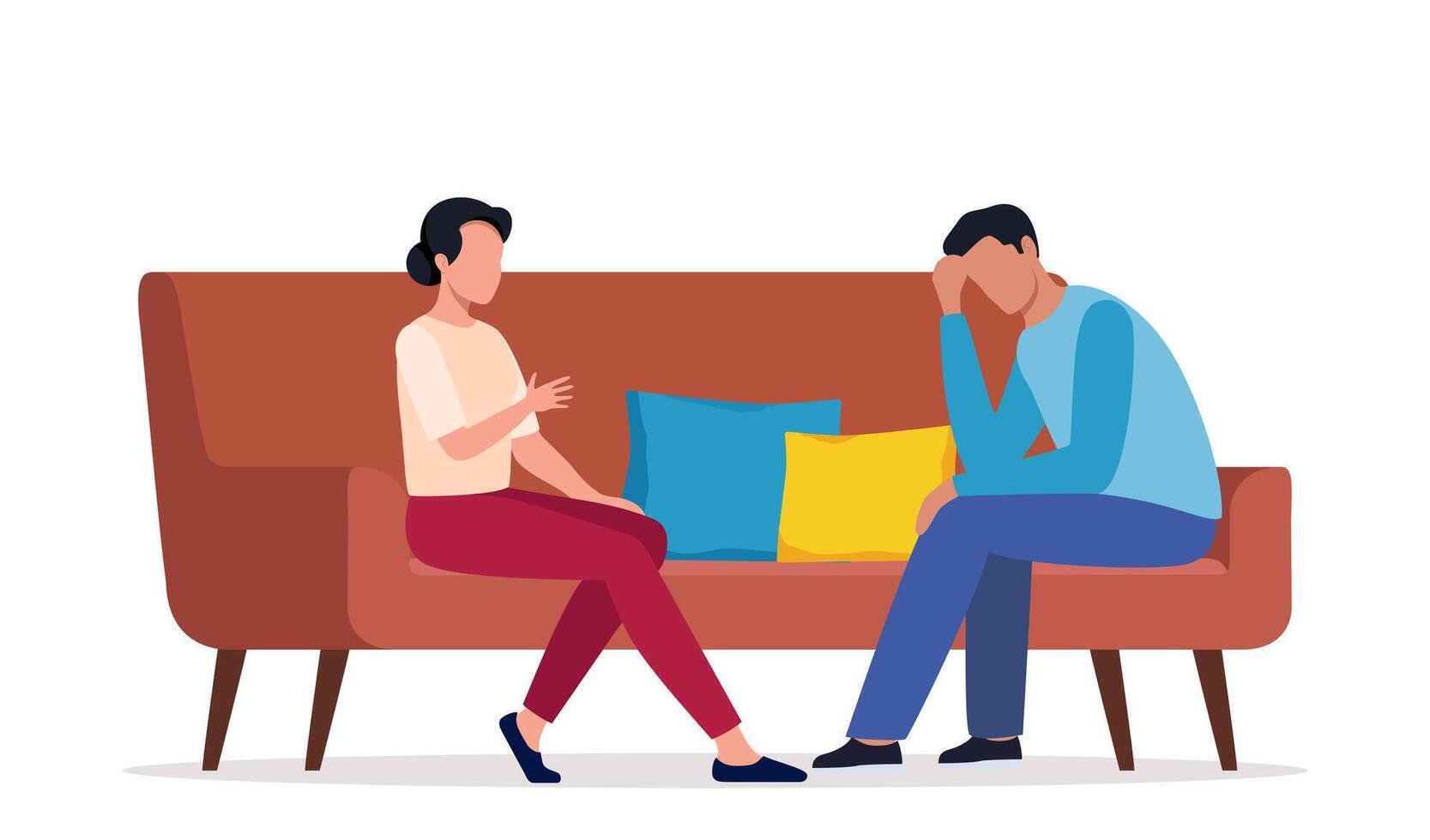 People sit on the couch and talk about something. Conversation between man and woman sitting on sofa. Female listening to her guest story-telling. illustration. vector