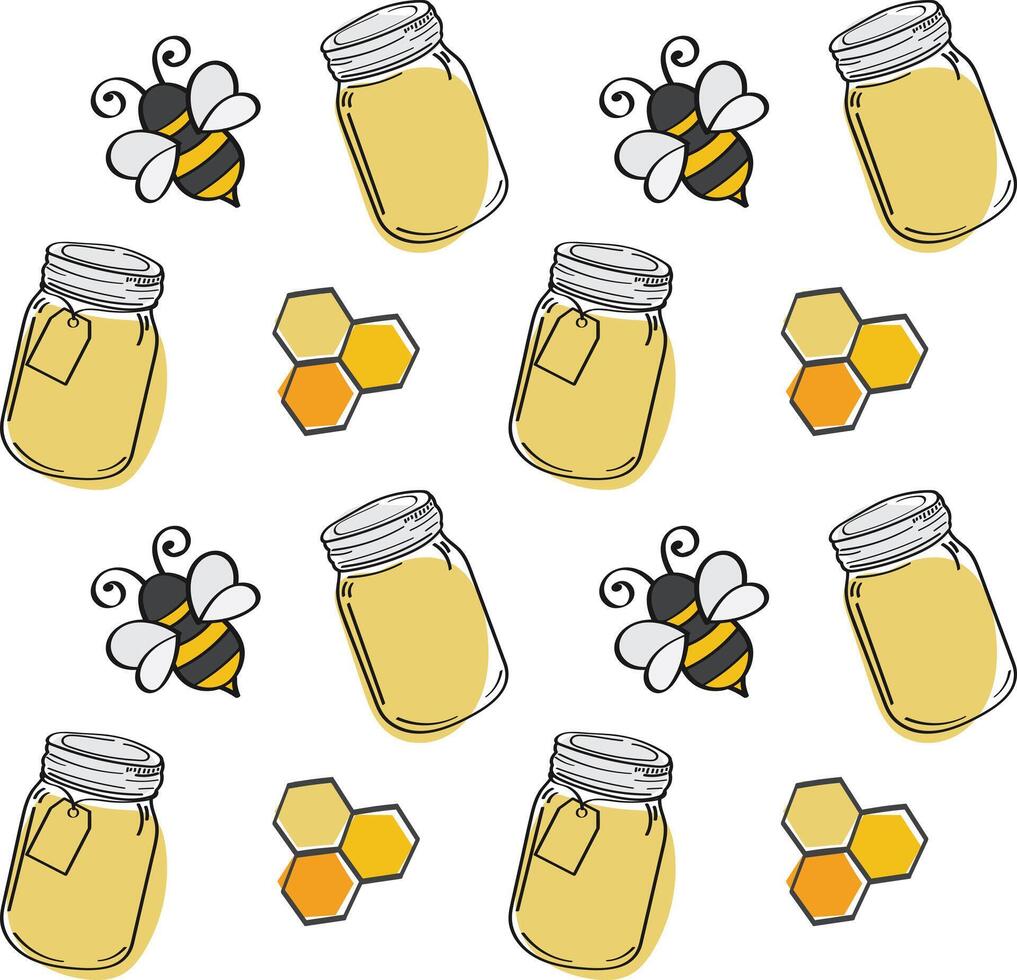 Pattern of bees and honeycomb with jar illustration vector