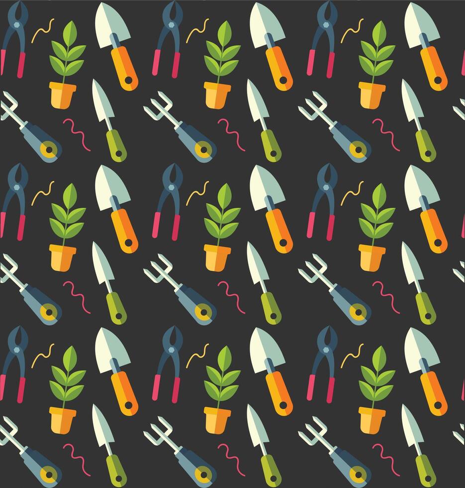 Flat design of gardening tools on dark background vector