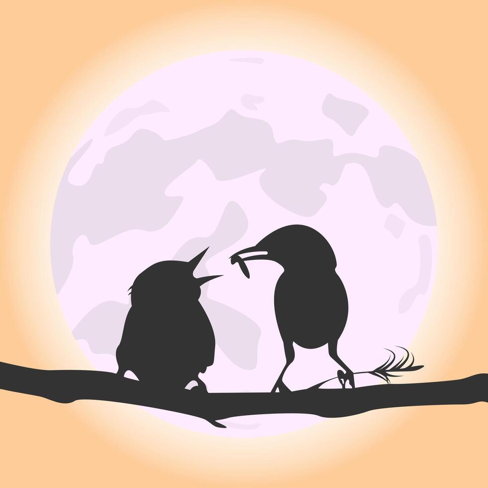 Silhouette of bird feeding baby bird meal vector
