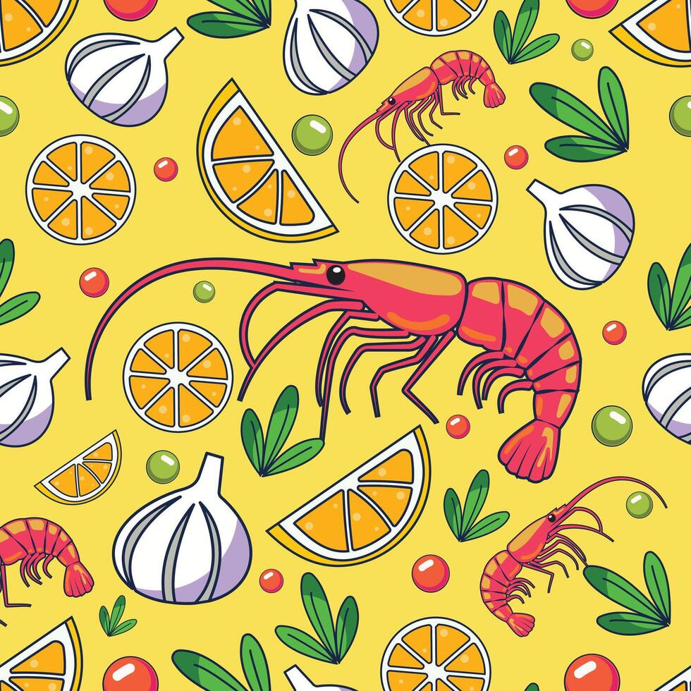 Flat design shrimp seafood pattern with yellow background vector