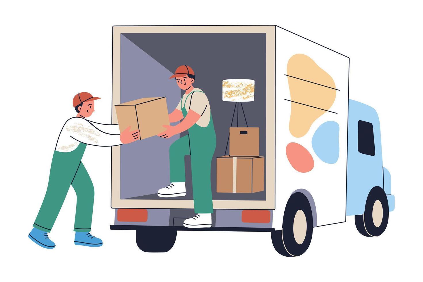 Flat cartoon illustration of professional movers loading boxes and furniture into truck. Two men working together during relocation, moving home concept. Moving services and house transfer vector