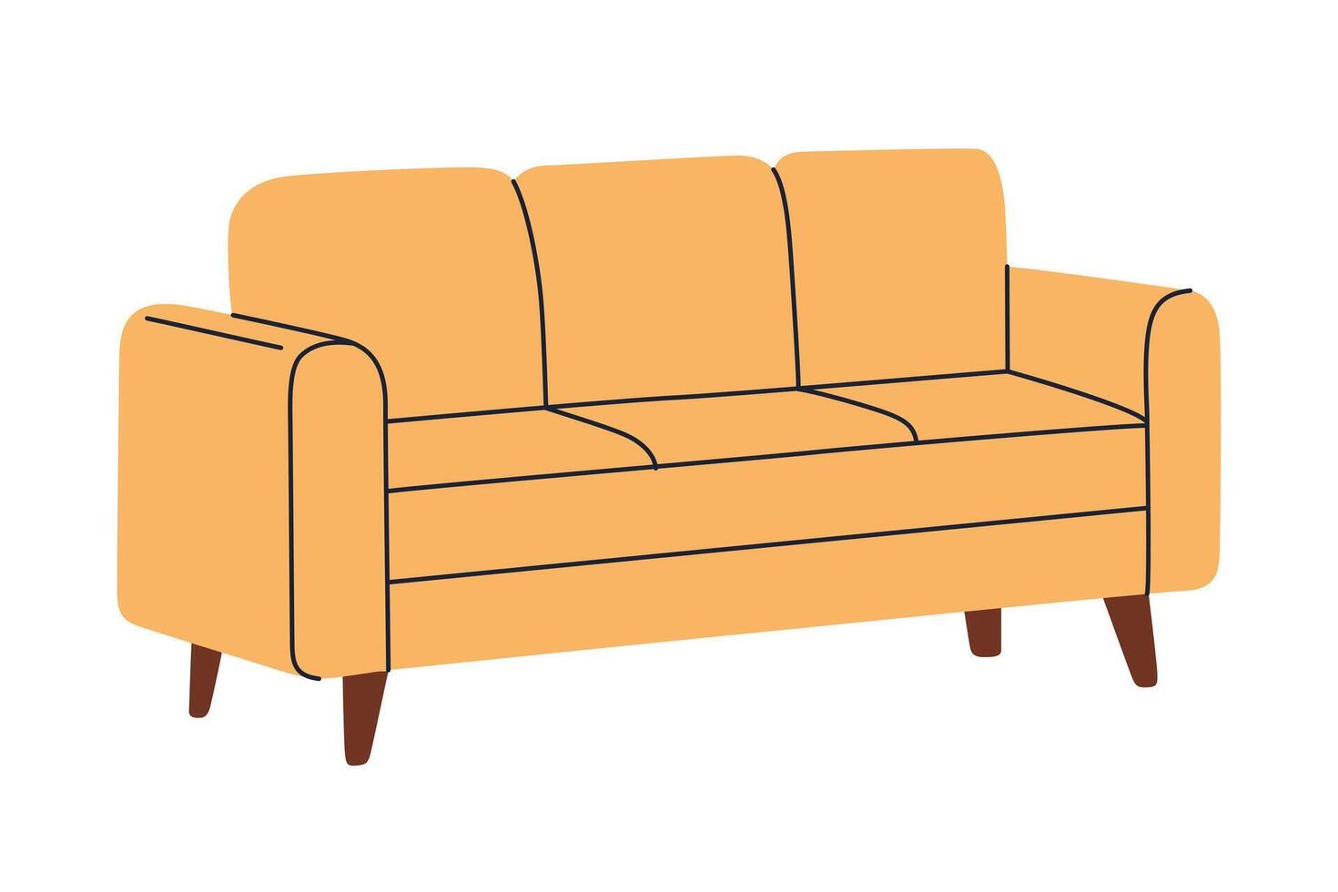 Flat cartoon illustration of simple modern sofa with legs, minimalistic home furniture for cozy living spaces, comfortable couch doodle icon, stylish furnishing for relaxation, colored clipart vector