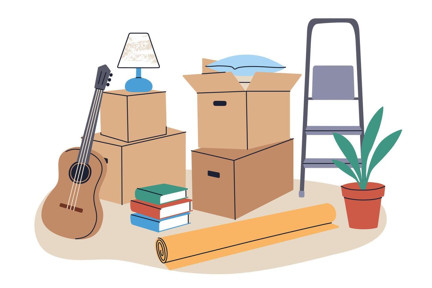 flat cartoon illustration of moving day composition with packed boxes, home items and furniture. Concept of relocation, new home, storage and transportation, books, ladder, guitar icons vector