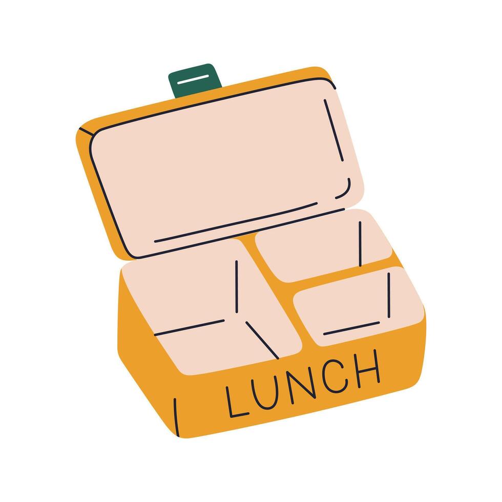 flat cartoon illustration of a reusable lunchbox with compartments. Zero waste lifestyle, sustainable consumption, healthy eating concept, Lunch box container doodle icon, colored clipart vector