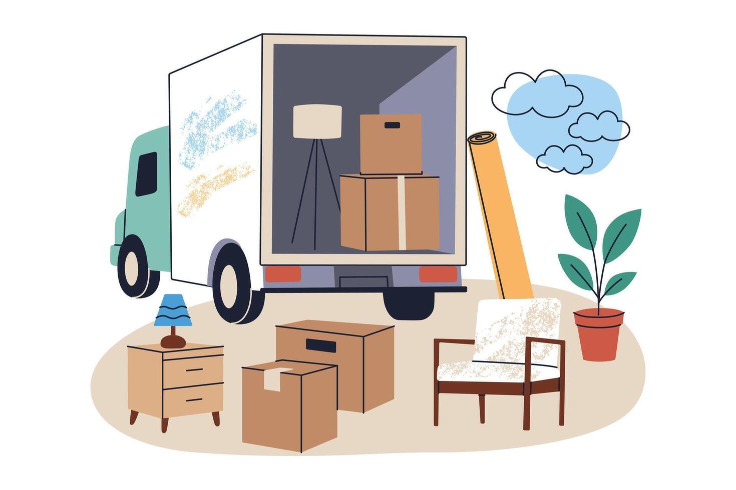 Flat cartoon illustration of moving truck loaded with furniture and boxes, home items placed in front of vehicle, movers service, composition of relocation and new beginnings vector