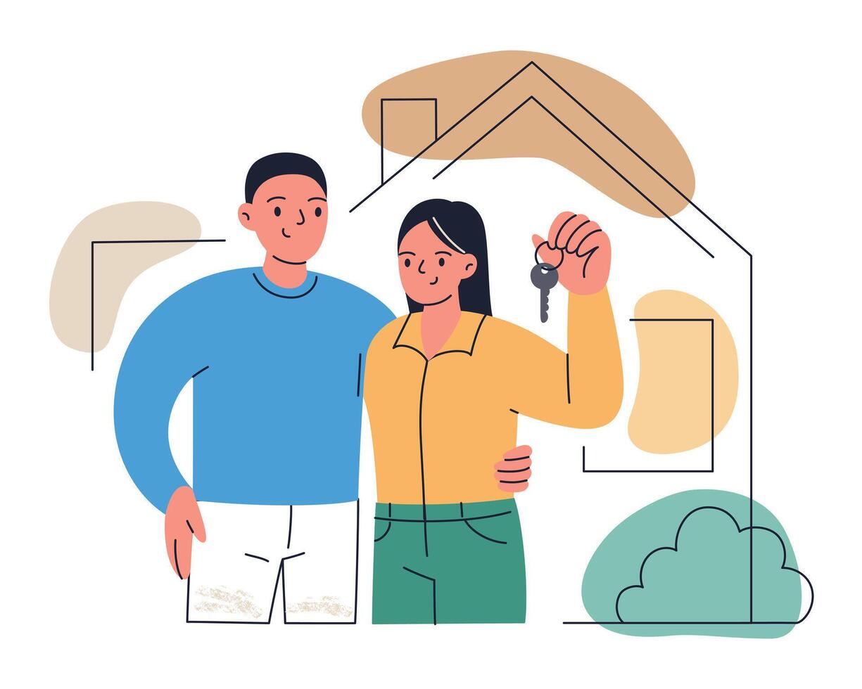 Flat cartoon illustration of happy couple standing in front of new home holding keys. Happy man and woman characters. Concept of moving, buying new house, starting life in new place vector