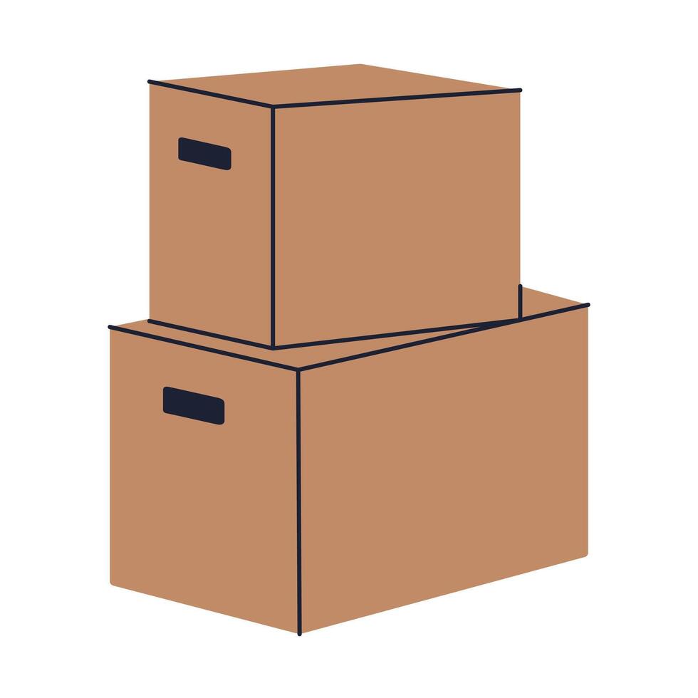 flat cartoon illustration of cardboard boxes stacked together. Concept of moving to new home, packing belongings, delivery, shipping, storage and transportation, box doodle icon vector