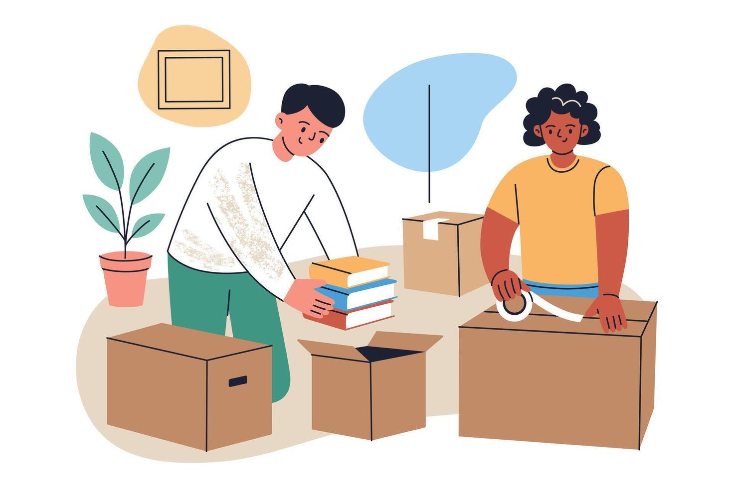 illustration of people packing boxes for moving, man and woman preparing for relocation, cartoon characters moving out, flat scene with home interior and packed cardboard boxes vector