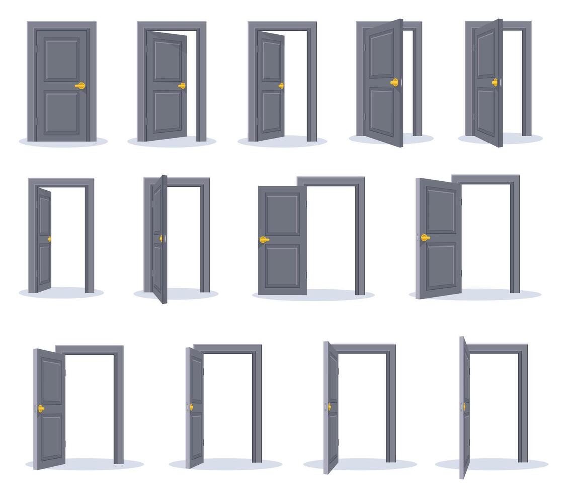 Open Door Sequence Icons. Modern Gray Doors Set vector