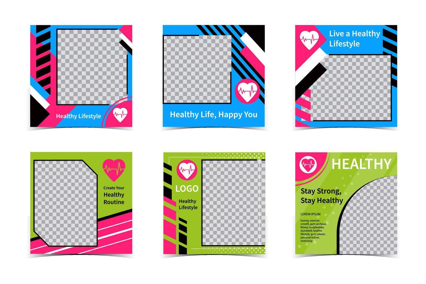 Healthy Lifestyle and Medical Social Media Templates. Square Photo Layouts with Heart vector