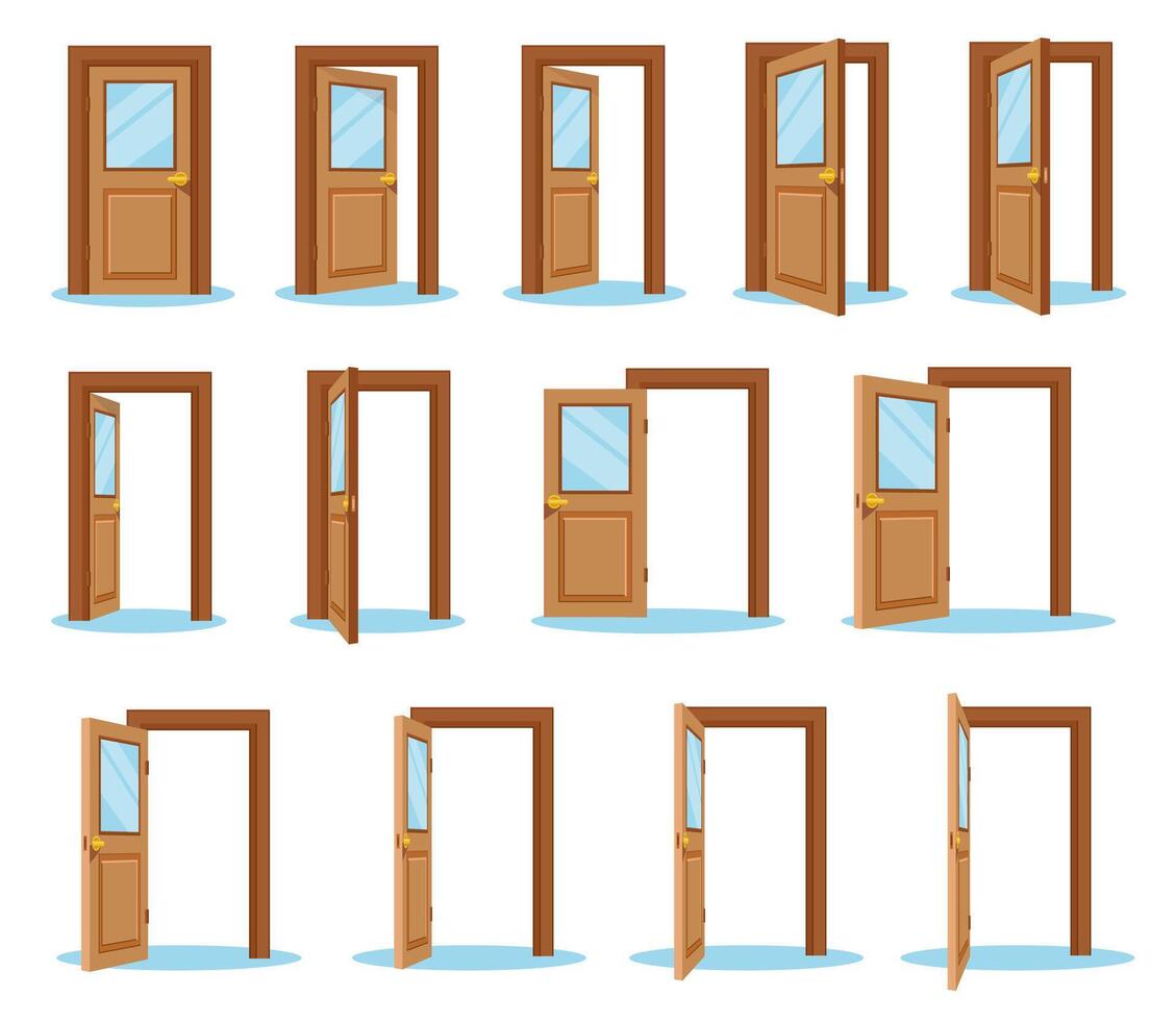 Open Door Sequence Icons. Wooden Glass Doors Set, Entrance and Exit Collection vector