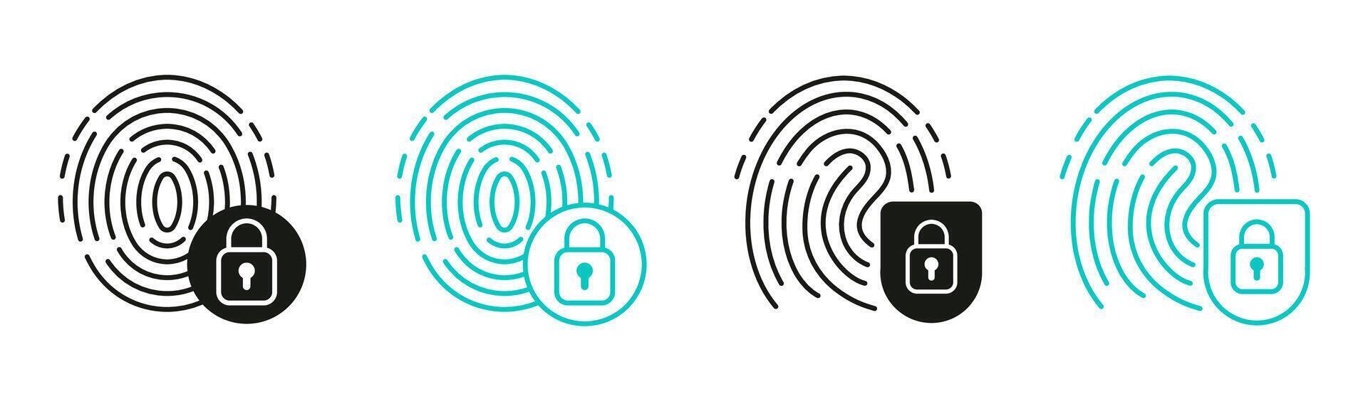 Fingerprint Icon Set. Black and Colored ID Symbols with Lock Icons vector