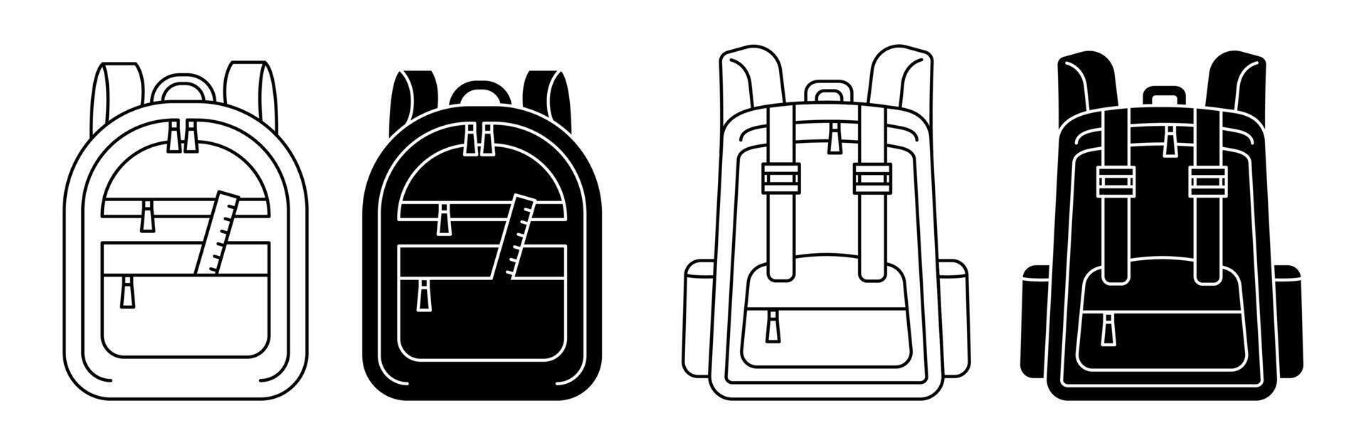 Backpack, Rucksack Icon Set. Silhouette and Line Style School, Travel Bag vector