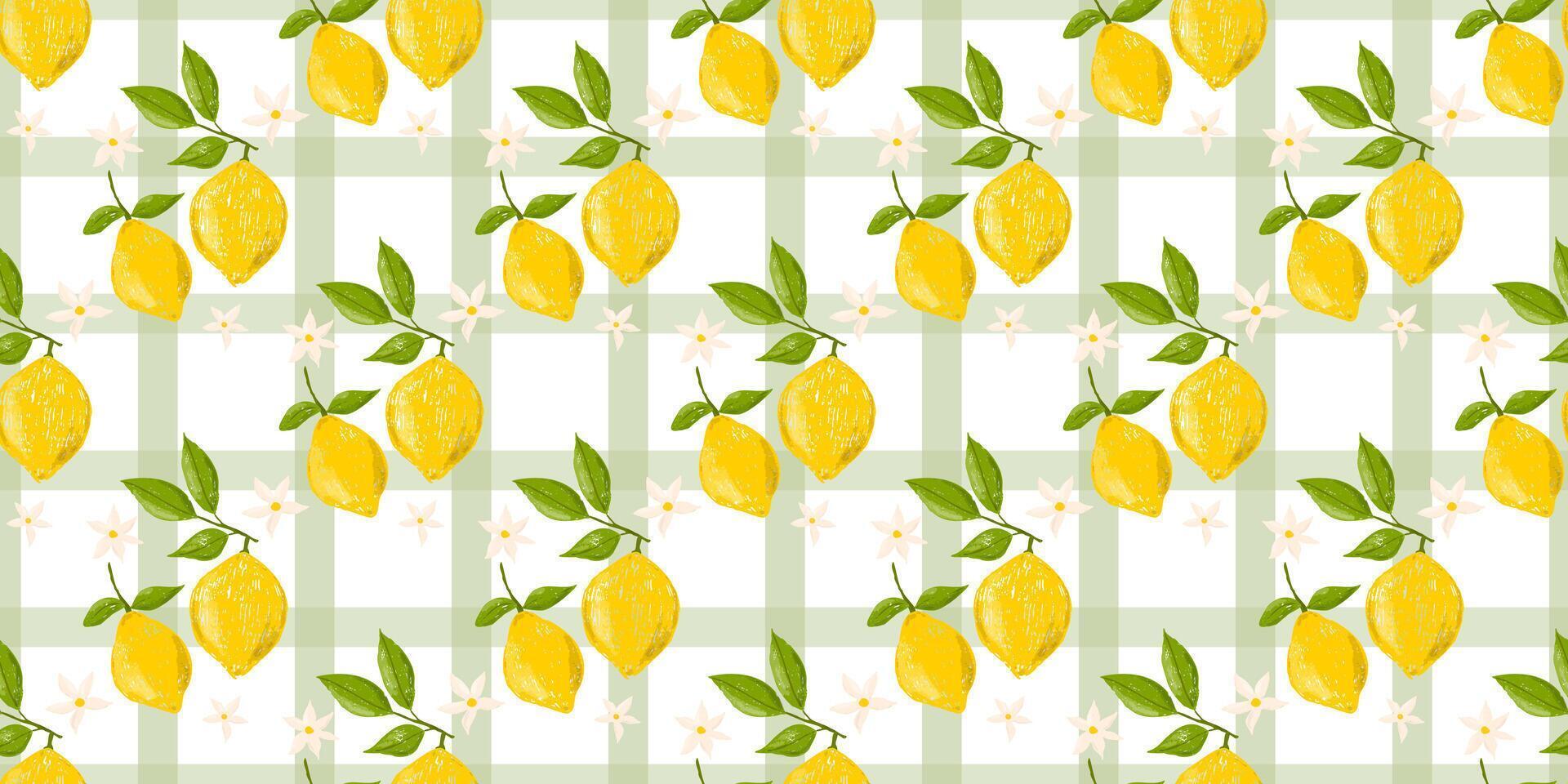 Hand drawn set of colored crayon of lemons on branch. Leaves and flowers of citrus fruits. Italian summer seamless pattern in Mediterranean vintage style, checkered background, kitchen print vector